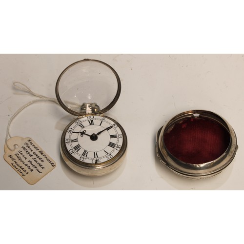 81 - An early George III silver pair cased pocket watch, by H Richards, London, 4cm enamel dial inscribed... 