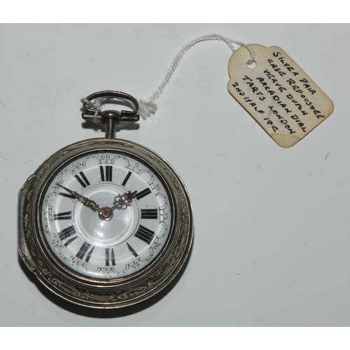 80 - An 18th century silver pair cased pocket watch, by Tarts, London, 4cm enamel arcadian dial inscribed... 