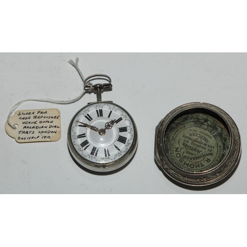 80 - An 18th century silver pair cased pocket watch, by Tarts, London, 4cm enamel arcadian dial inscribed... 