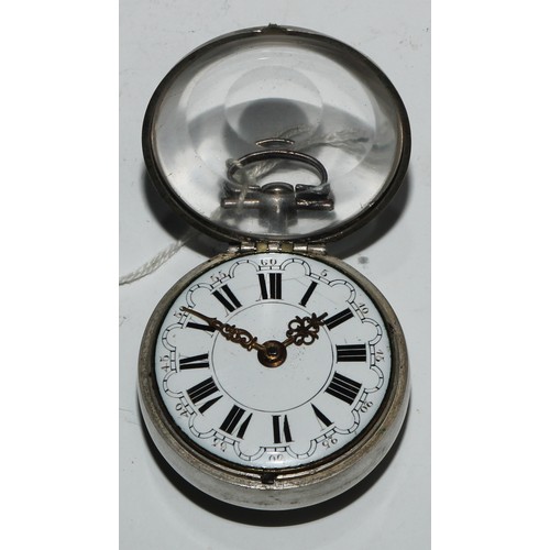 80 - An 18th century silver pair cased pocket watch, by Tarts, London, 4cm enamel arcadian dial inscribed... 