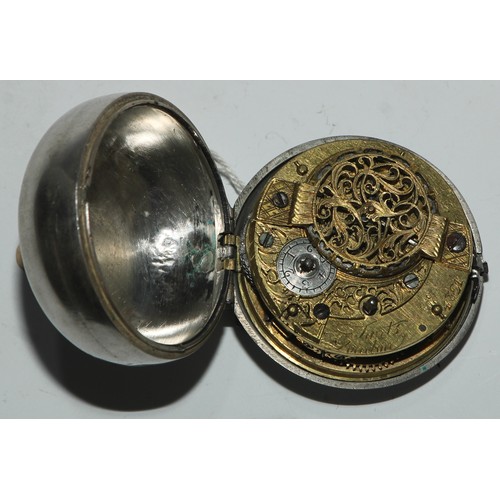 80 - An 18th century silver pair cased pocket watch, by Tarts, London, 4cm enamel arcadian dial inscribed... 