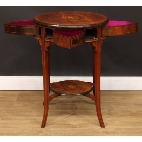 517 - An Edwardian rosewood and marquetry centre work table, circular top rotating to reveal petal-form fr... 