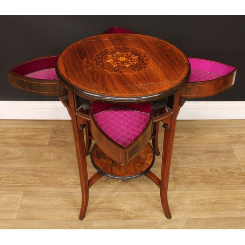 517 - An Edwardian rosewood and marquetry centre work table, circular top rotating to reveal petal-form fr... 