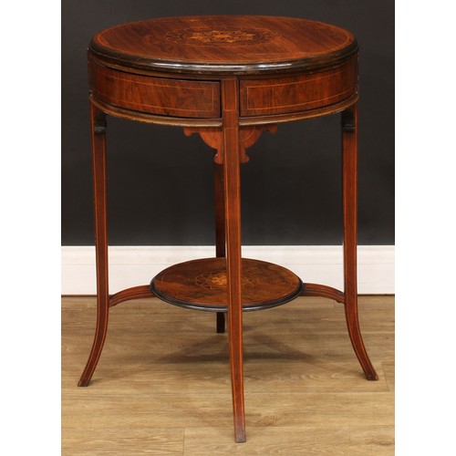 517 - An Edwardian rosewood and marquetry centre work table, circular top rotating to reveal petal-form fr... 