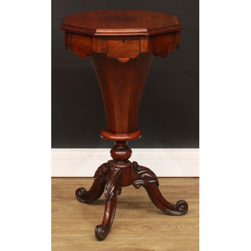 492 - A Victorian trumpet shaped work table, hinged cover, cabriole legs carved to the knees with acanthus... 