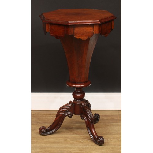 492 - A Victorian trumpet shaped work table, hinged cover, cabriole legs carved to the knees with acanthus... 