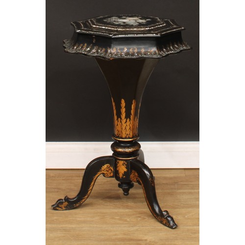 477 - A Victorian gilt and abalone decorated papier-mâché and hardwood trumpet-shaped work table, hinged o... 