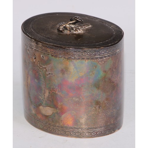 5 - A George III silver oval tea caddy, hinged cover with flower finial, bright-cut engraved with Neo-Cl... 