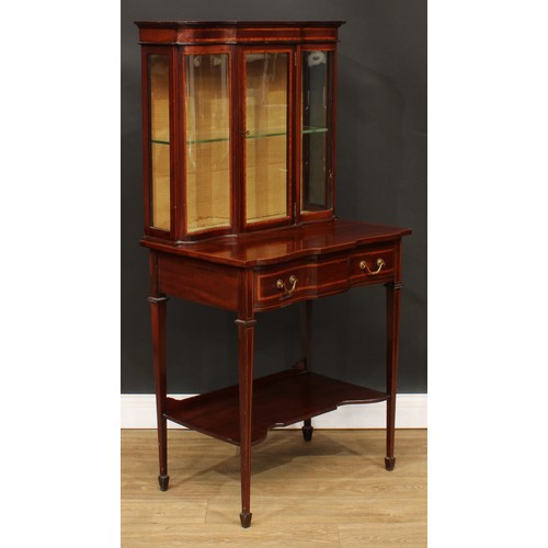 521 - An Edwardian satinwood crossbanded mahogany pier display cabinet, outswept cornice above a glazed re... 