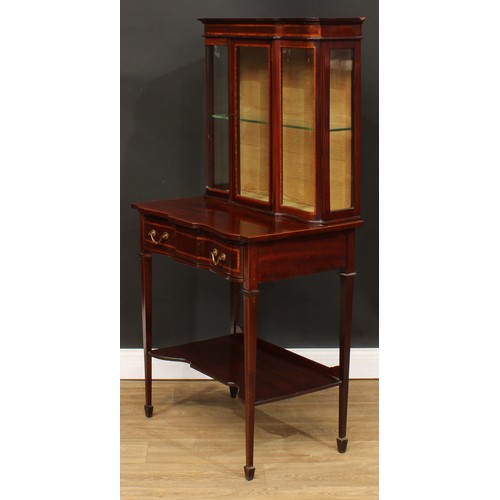 521 - An Edwardian satinwood crossbanded mahogany pier display cabinet, outswept cornice above a glazed re... 