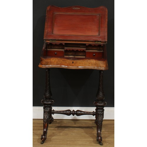 493 - A Victorian walnut ‘Davenport’ desk, hinged rectangular superstructure with shaped and pierced galle... 