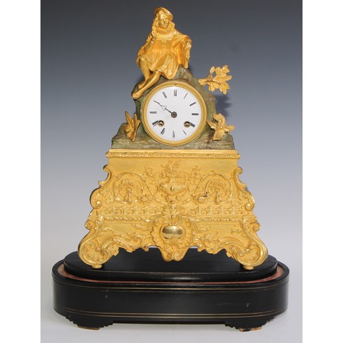 459 - A 19th century gilt metal mantel clock, 8cm enamel dial inscribed with Roman numerals, twin-winding ... 