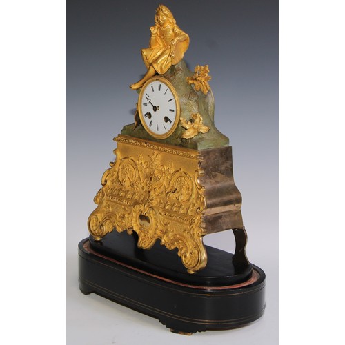 459 - A 19th century gilt metal mantel clock, 8cm enamel dial inscribed with Roman numerals, twin-winding ... 