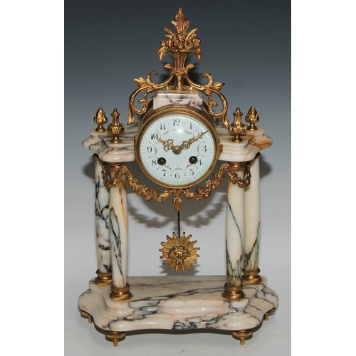 540 - A late 19th century French gilt metal mounted marble portico clock garniture, 8.5cm convex enamel di... 