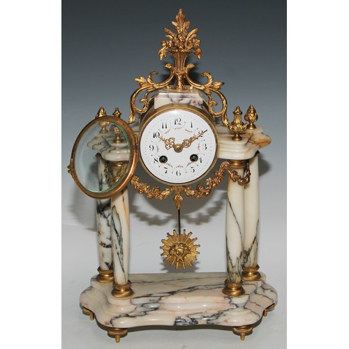 540 - A late 19th century French gilt metal mounted marble portico clock garniture, 8.5cm convex enamel di... 