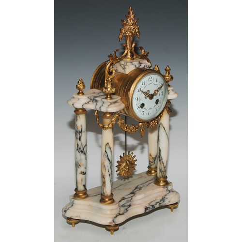 540 - A late 19th century French gilt metal mounted marble portico clock garniture, 8.5cm convex enamel di... 