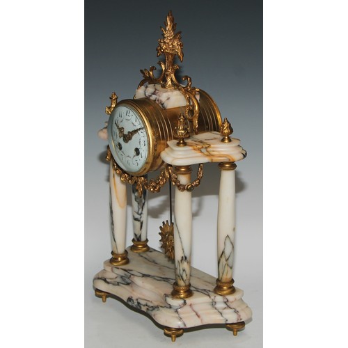 540 - A late 19th century French gilt metal mounted marble portico clock garniture, 8.5cm convex enamel di... 