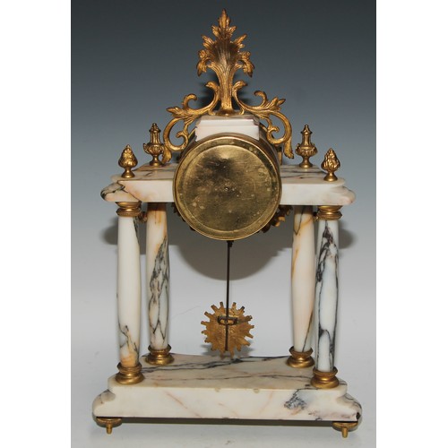 540 - A late 19th century French gilt metal mounted marble portico clock garniture, 8.5cm convex enamel di... 