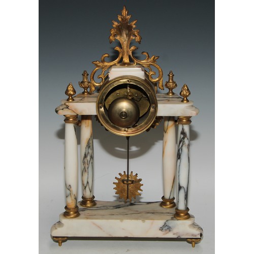 540 - A late 19th century French gilt metal mounted marble portico clock garniture, 8.5cm convex enamel di... 