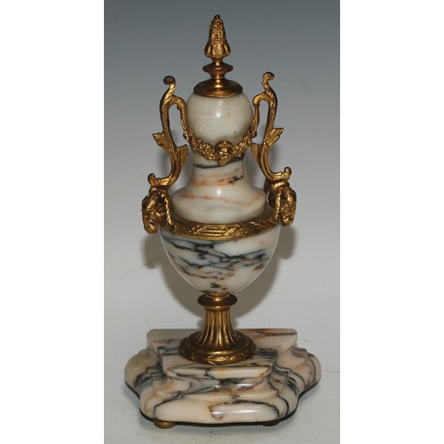 540 - A late 19th century French gilt metal mounted marble portico clock garniture, 8.5cm convex enamel di... 