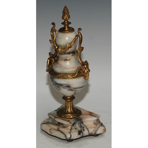 540 - A late 19th century French gilt metal mounted marble portico clock garniture, 8.5cm convex enamel di... 