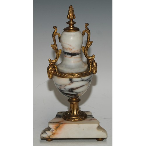 540 - A late 19th century French gilt metal mounted marble portico clock garniture, 8.5cm convex enamel di... 