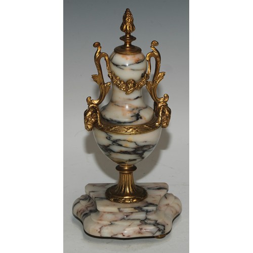 540 - A late 19th century French gilt metal mounted marble portico clock garniture, 8.5cm convex enamel di... 