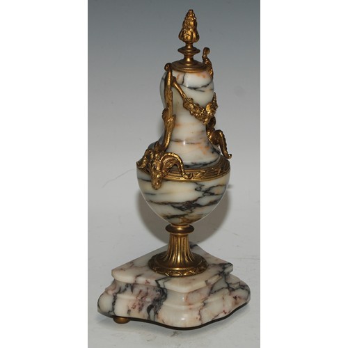 540 - A late 19th century French gilt metal mounted marble portico clock garniture, 8.5cm convex enamel di... 