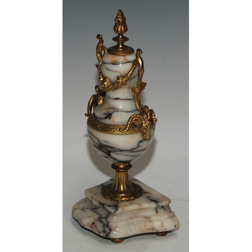 540 - A late 19th century French gilt metal mounted marble portico clock garniture, 8.5cm convex enamel di... 