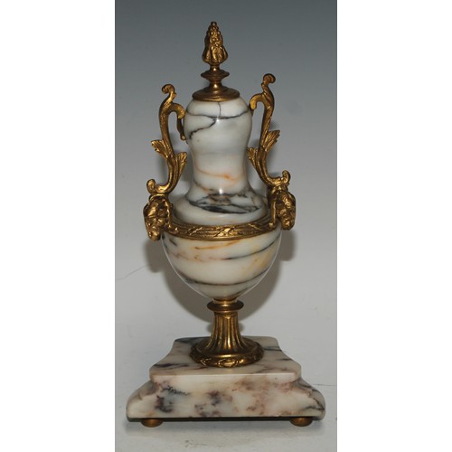 540 - A late 19th century French gilt metal mounted marble portico clock garniture, 8.5cm convex enamel di... 