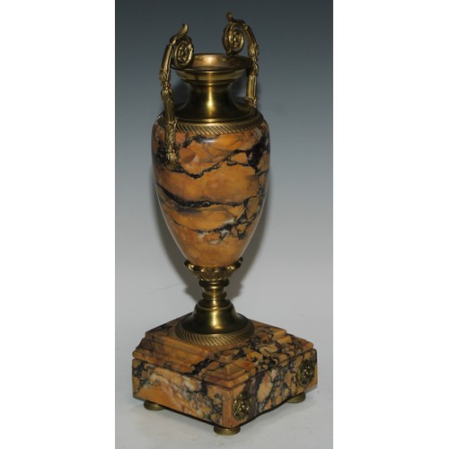 391 - A pair of Louis XVI Revival gilt metal mounted marble ovoid mantel urns, 36cm high, c.1900