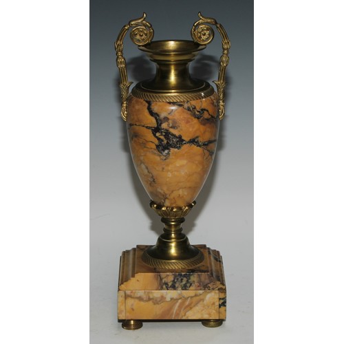 391 - A pair of Louis XVI Revival gilt metal mounted marble ovoid mantel urns, 36cm high, c.1900