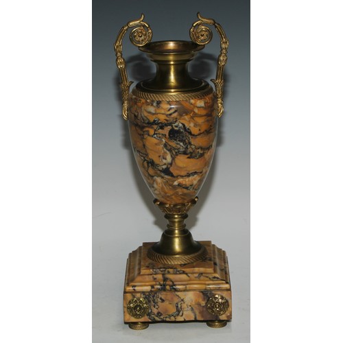 391 - A pair of Louis XVI Revival gilt metal mounted marble ovoid mantel urns, 36cm high, c.1900