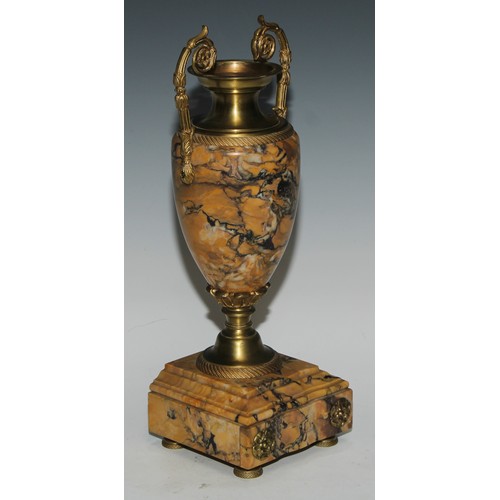 391 - A pair of Louis XVI Revival gilt metal mounted marble ovoid mantel urns, 36cm high, c.1900