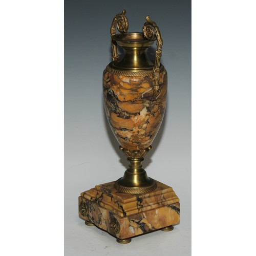 391 - A pair of Louis XVI Revival gilt metal mounted marble ovoid mantel urns, 36cm high, c.1900