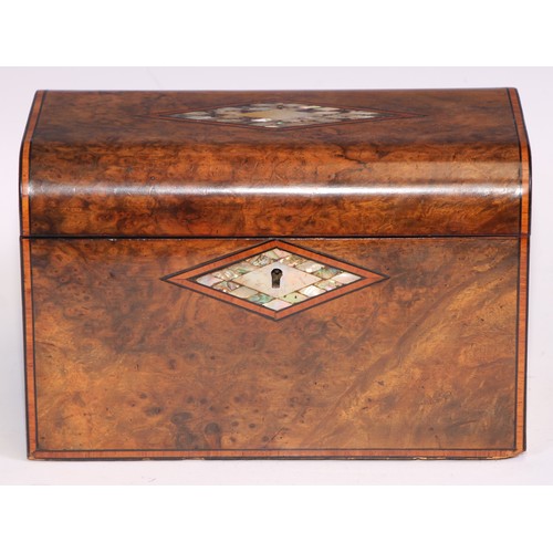 406 - A Victorian walnut domed rectangular tea caddy, hinged cover inlaid with a reserve of mother of pear... 