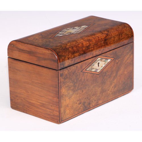 406 - A Victorian walnut domed rectangular tea caddy, hinged cover inlaid with a reserve of mother of pear... 