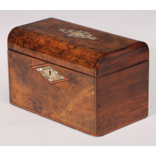 406 - A Victorian walnut domed rectangular tea caddy, hinged cover inlaid with a reserve of mother of pear... 