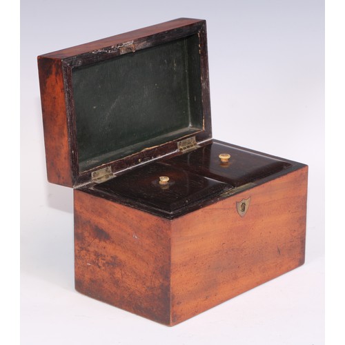 406 - A Victorian walnut domed rectangular tea caddy, hinged cover inlaid with a reserve of mother of pear... 