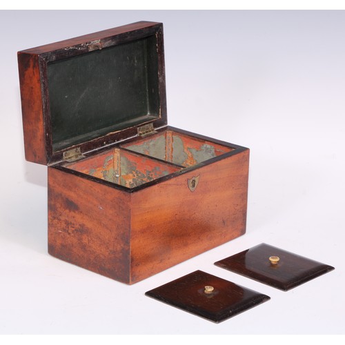 406 - A Victorian walnut domed rectangular tea caddy, hinged cover inlaid with a reserve of mother of pear... 