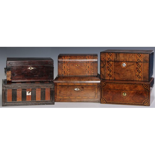 405 - A Victorian walnut and parquetry rectangular work box, hinged cover inlaid with a reserve of mother ... 