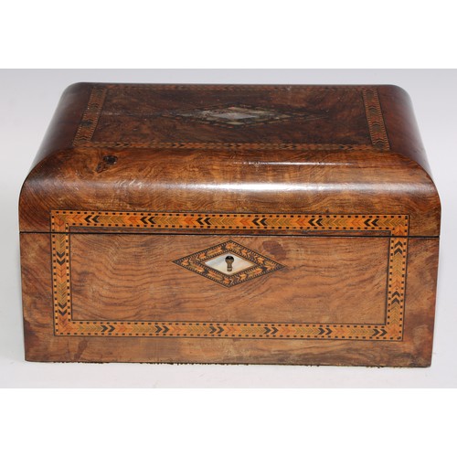 405 - A Victorian walnut and parquetry rectangular work box, hinged cover inlaid with a reserve of mother ... 