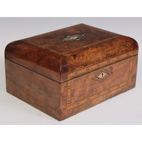 405 - A Victorian walnut and parquetry rectangular work box, hinged cover inlaid with a reserve of mother ... 