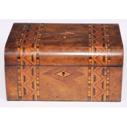 405 - A Victorian walnut and parquetry rectangular work box, hinged cover inlaid with a reserve of mother ... 