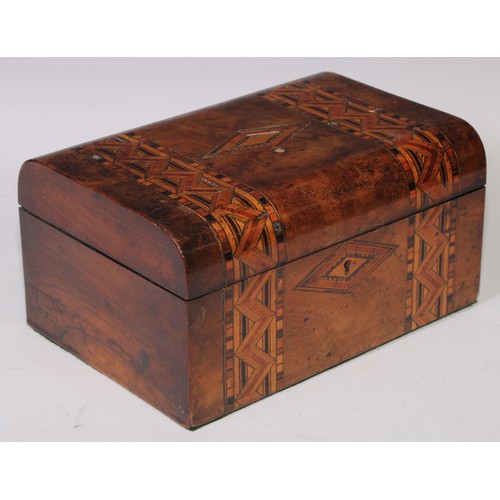 405 - A Victorian walnut and parquetry rectangular work box, hinged cover inlaid with a reserve of mother ... 