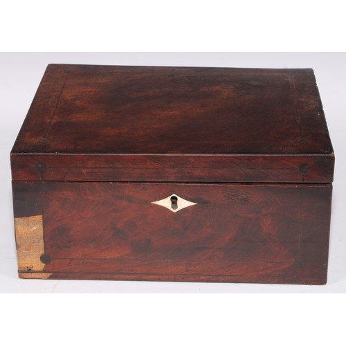 405 - A Victorian walnut and parquetry rectangular work box, hinged cover inlaid with a reserve of mother ... 