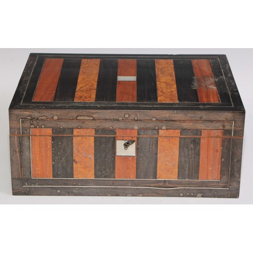 405 - A Victorian walnut and parquetry rectangular work box, hinged cover inlaid with a reserve of mother ... 