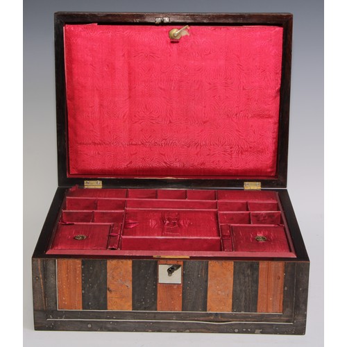 405 - A Victorian walnut and parquetry rectangular work box, hinged cover inlaid with a reserve of mother ... 