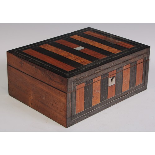 405 - A Victorian walnut and parquetry rectangular work box, hinged cover inlaid with a reserve of mother ... 