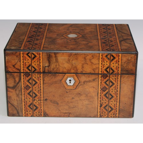 405 - A Victorian walnut and parquetry rectangular work box, hinged cover inlaid with a reserve of mother ... 